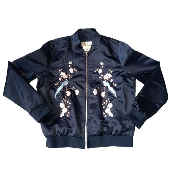 Ci Sono Black Satin Floral Birds Embroidery Silky Bomber Jacket - Picture 1 of 13